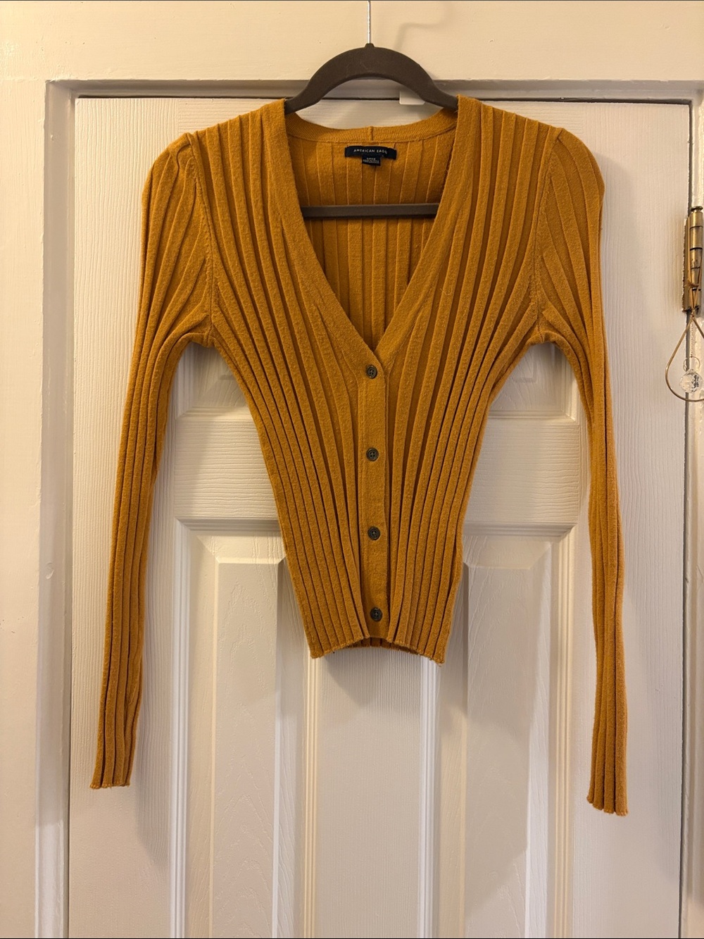 American Eagle Outfitters Ribbed V-Neck Button Cardigan - Mustard Yellow